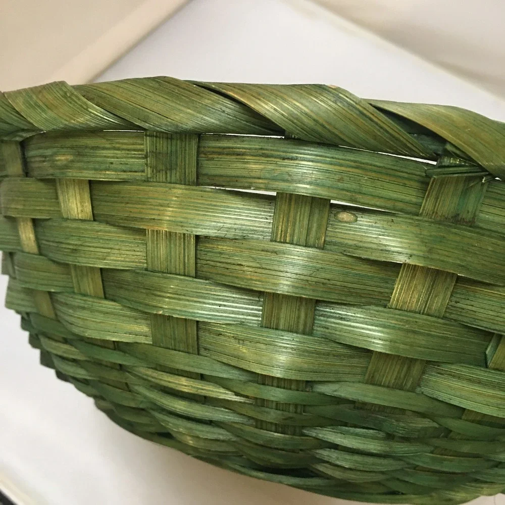 Woven Bamboo Basket Home Decor OS Green Round Decorative Bowl Bohemian